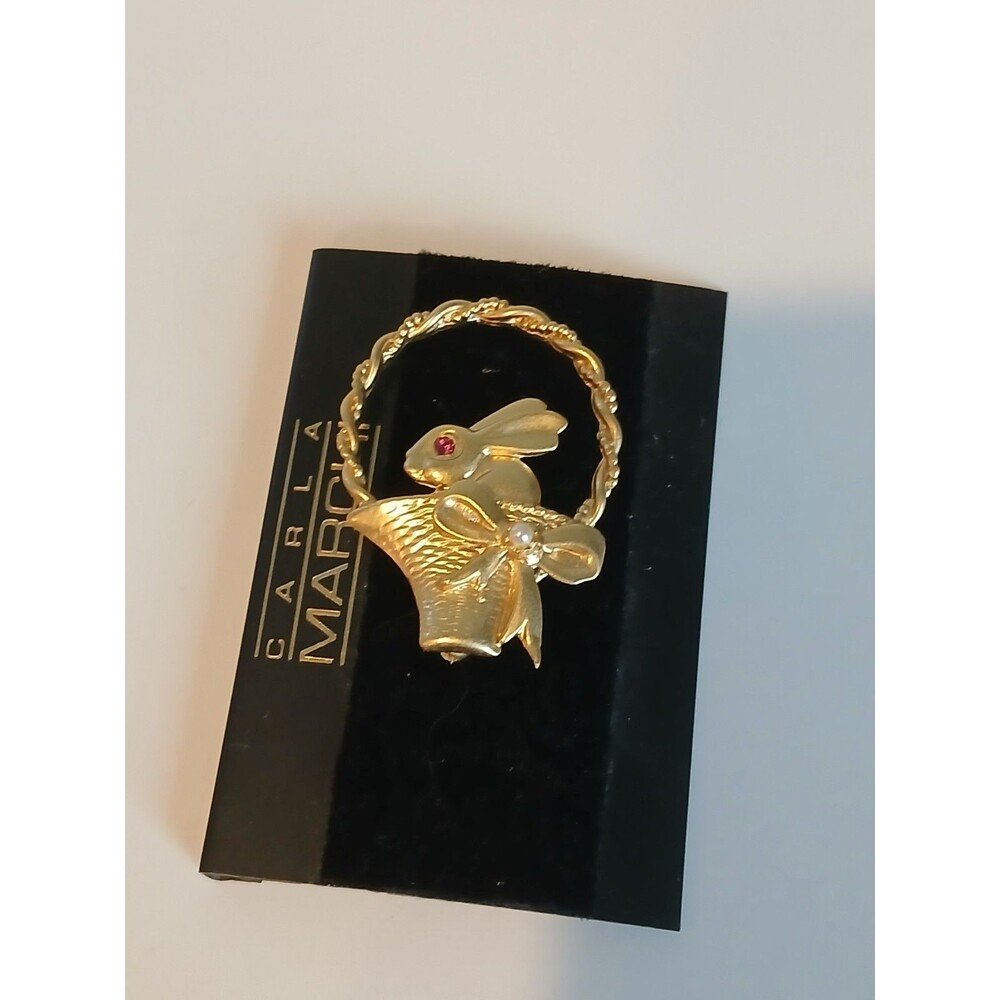 AS Signed Gold Tone Easter Bunny Rabbit Basket Brooch Pin Rhinestone Eye Bow
